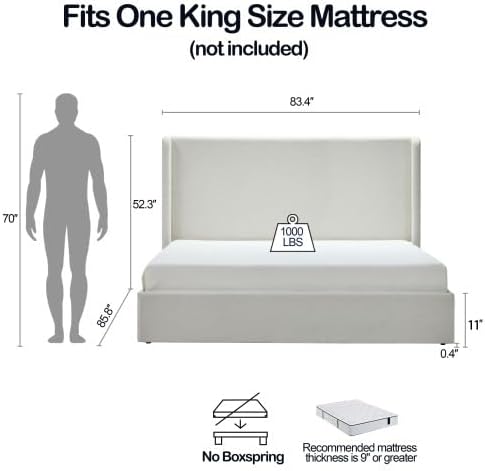 KEIKI King Bed Frame with Upholstered Wingback Headboard, Minimalist Design - Image 2