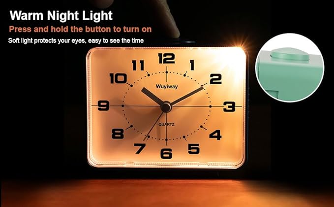 Retro Analog Alarm Clock, Battery Operated, Nightstand, Lighted on Demand and - Image 5