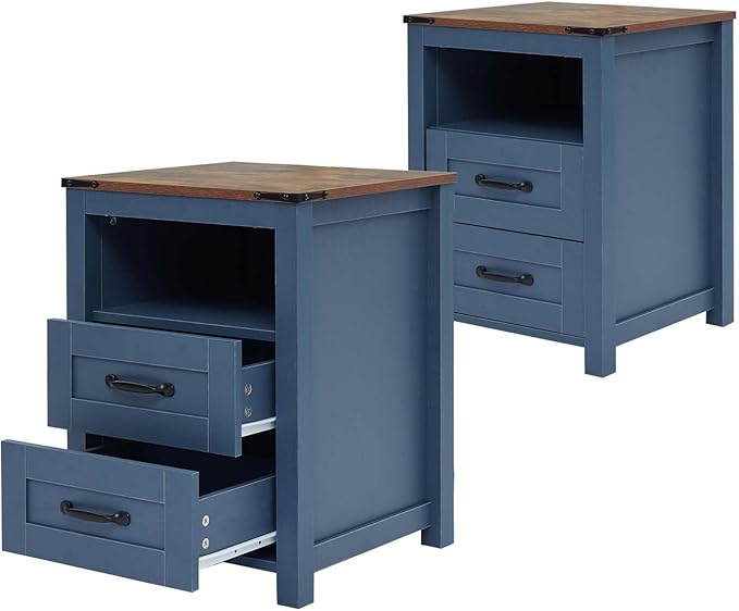 Blue Rustic Night Stand Set of 2, Farmhouse End Table, Modern Bedside Table by Puntogen
