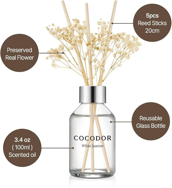 COCODOR Flower Reed Diffuser Set / 3.4oz / White Jasmine/Scent Diffuser - Image 3