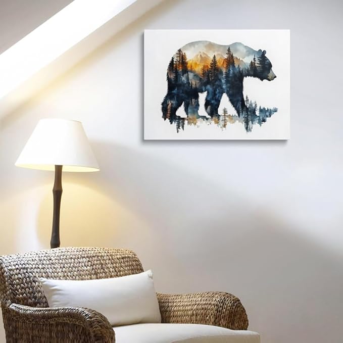 Bear Silhouette Forest Landscape Canvas Wall Art Framed Print Watercolor - Image 5