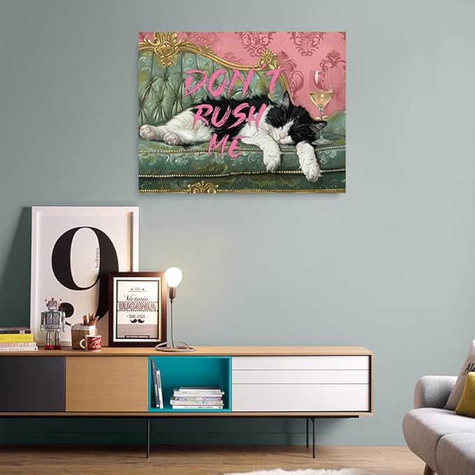 Pveror Funny Cat Wall Art Canvas Dont Rush Me Sleeping Black White Cat Painting - Image 7