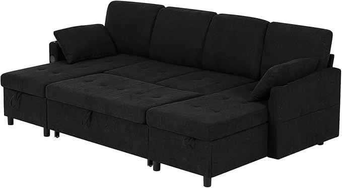 110" Fabric Pull-Out Couch Bed w/Adjustable Backrests, Sectional Sleeper Sofa - Image 8