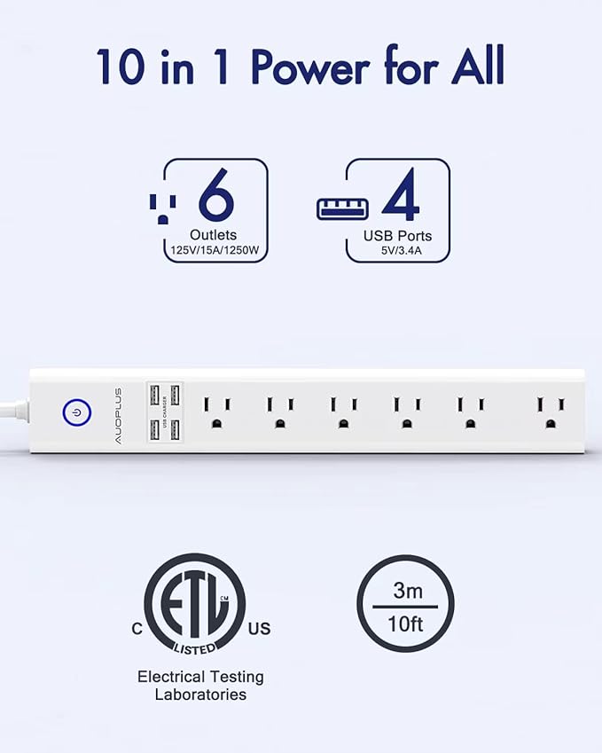 2 Pack Surge Protector Power Strip - 10FT Long Extension Cord - Image 2
