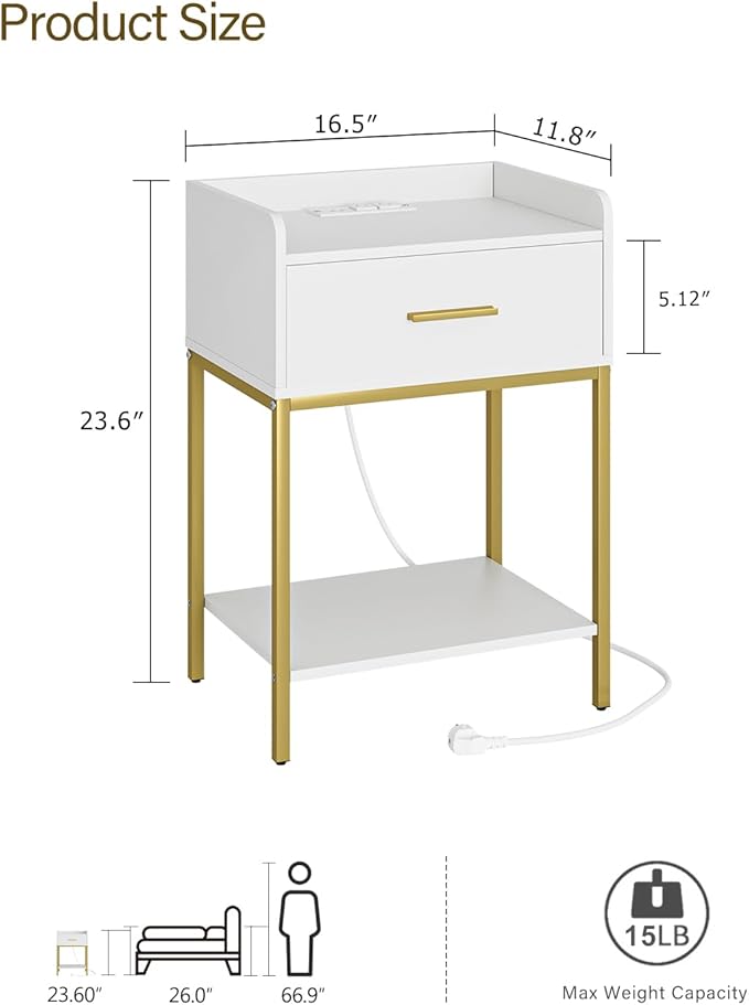 Masupu Nightstand with Charging Station, 3-Tier Modern Bedside Night Stand with - Image 2