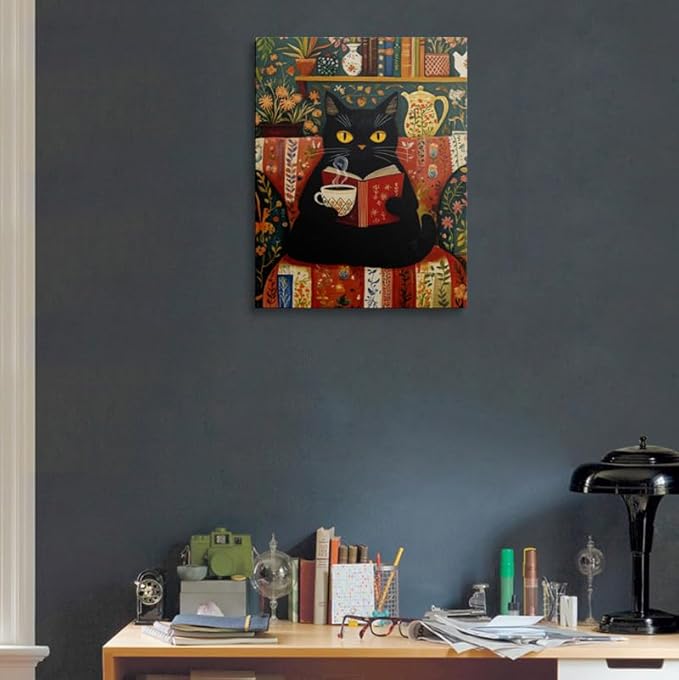 Pveror Reading Black Cat Canvas Wall Art Whimsical Animal Illustration Cozy - Image 6