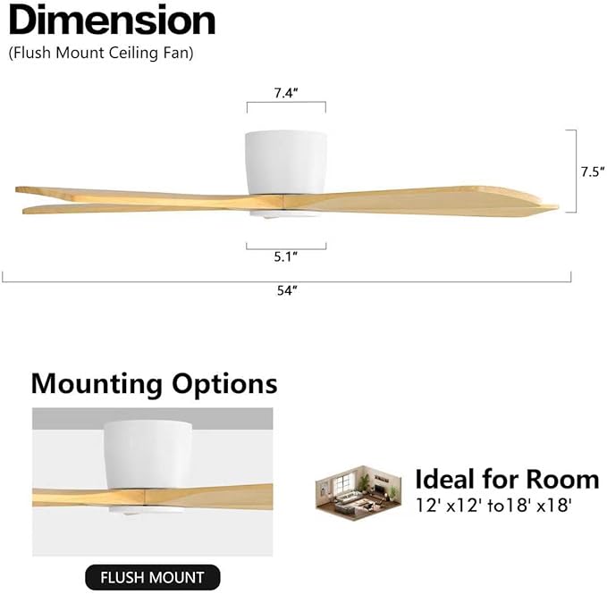 WINGBO 54" Flush Mount DC Ceiling Fans Without Lights, 5 Carved Solid Wood - Image 4