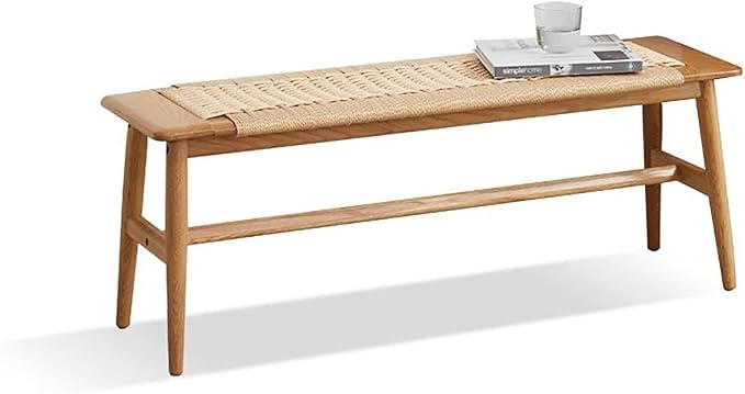 31.5'' Woven Dining Beach with 100% Solid Oak Wood Bench Frame, Hand Knitted by Wayshome