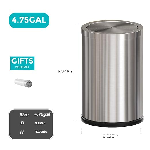 4.7 Gallon/18L Stainless Steel Bathroom Trash Can, Elegant Waste Basket - Image 7