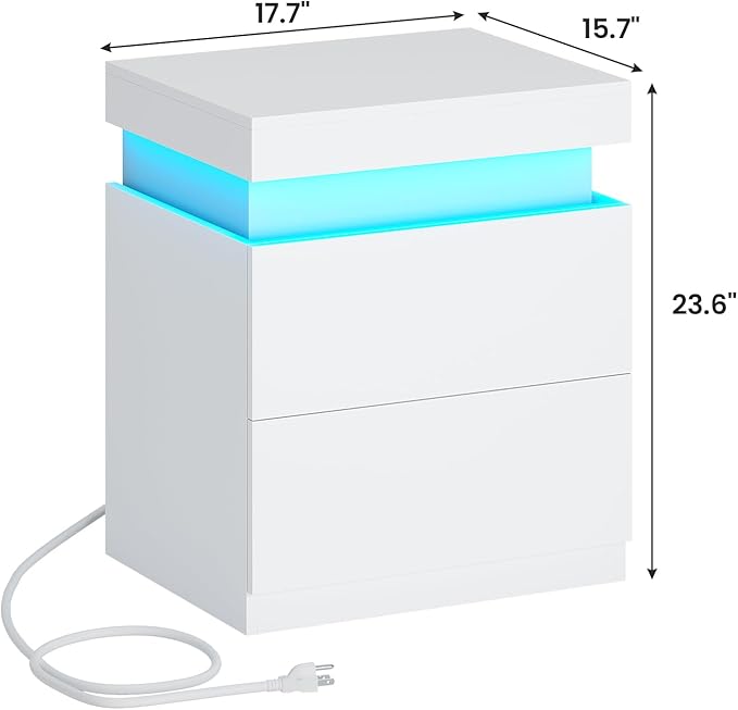 ADORNEVE White Nightstand with Charging Station and LED Lights, Night Stand - Image 2