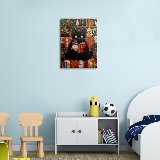 Pveror Reading Black Cat Canvas Wall Art Whimsical Animal Illustration Cozy - Image 8