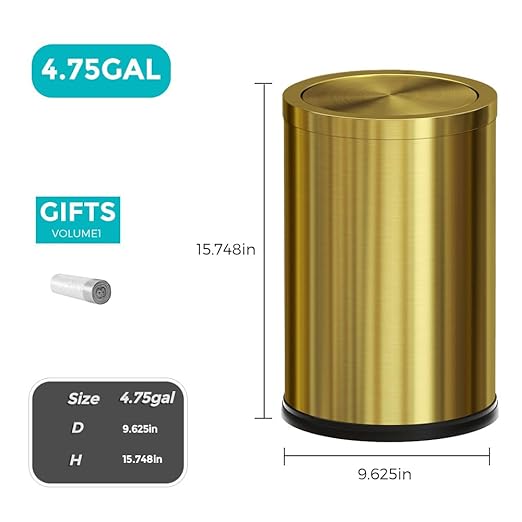 4.7 Gallon/18L Stainless Steel Bathroom Trash Can, Elegant Waste Basket - Image 7