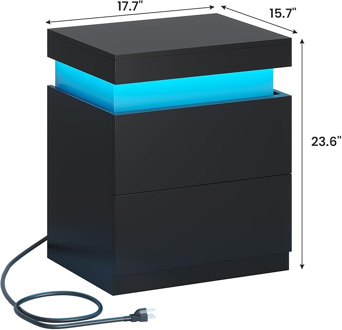 ADORNEVE Black Nightstand with Charging Station and LED Lights, Night Stand - Image 2