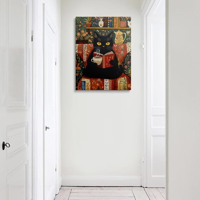 Black Cat Wall Art Canvas Reading Cat Artwork Cozy Library Illustration Vintage - Image 2
