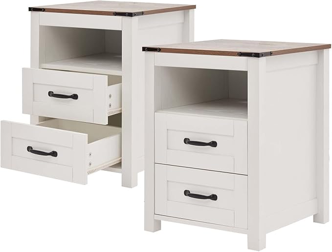 White Rustic Night Stand Set of 2, Farmhouse End Table, Modern Bedside Table by Puntogen
