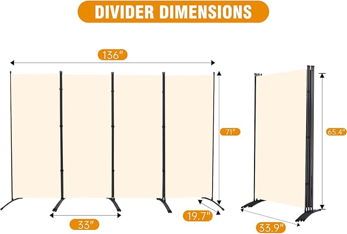 4 Panel Folding Privacy Screens, 6 FT Tall Wall Divider - Image 3