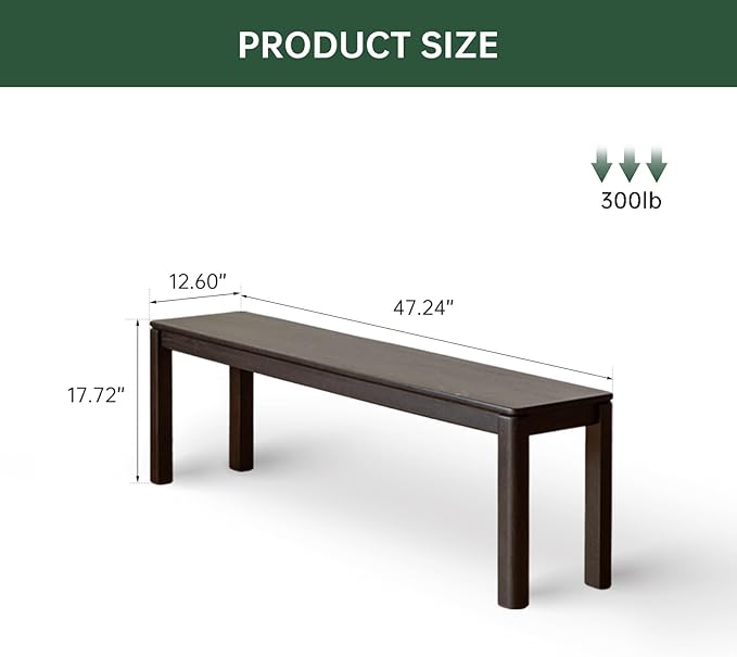 47.2'' 100% Solid Wood Dining Bench, Oak Wood Long Bench - Image 2