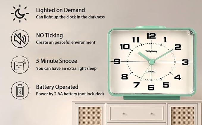 Retro Analog Alarm Clock, Battery Operated, Nightstand, Lighted on Demand and - Image 4