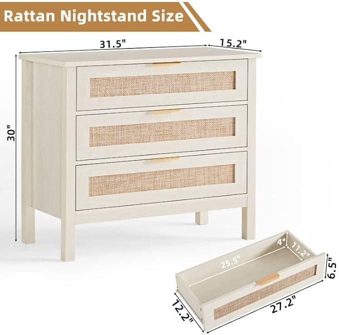 LEYAOYAO 31.5" Wide Rattan Nightstand, Large Boho 3 Drawer Night Stand - Image 2