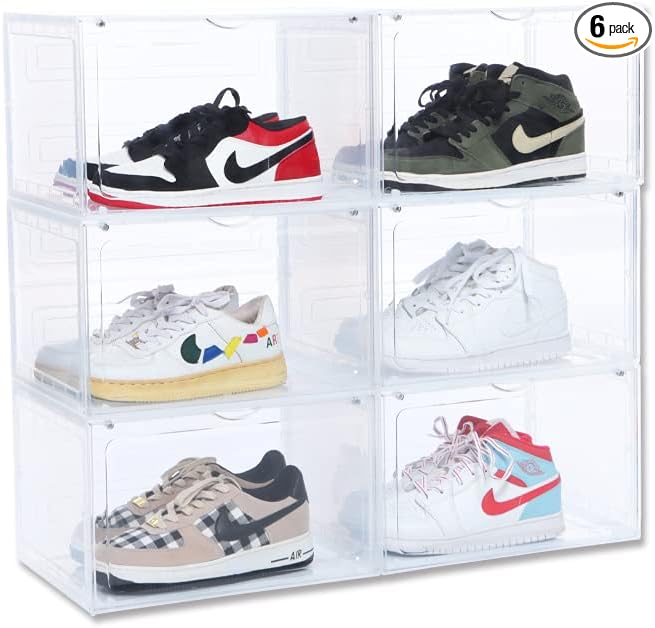 6 Pack XL Shoe Storage Box Organizer, Drop Side Large Shoe Boxes Clear Plastic by OMOPINSHOEBOX