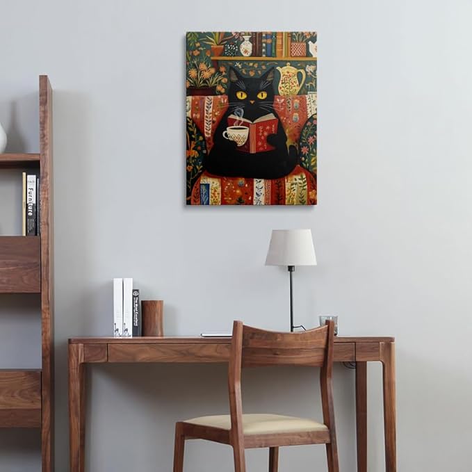 Pveror Reading Black Cat Canvas Wall Art Whimsical Animal Illustration Cozy - Image 9
