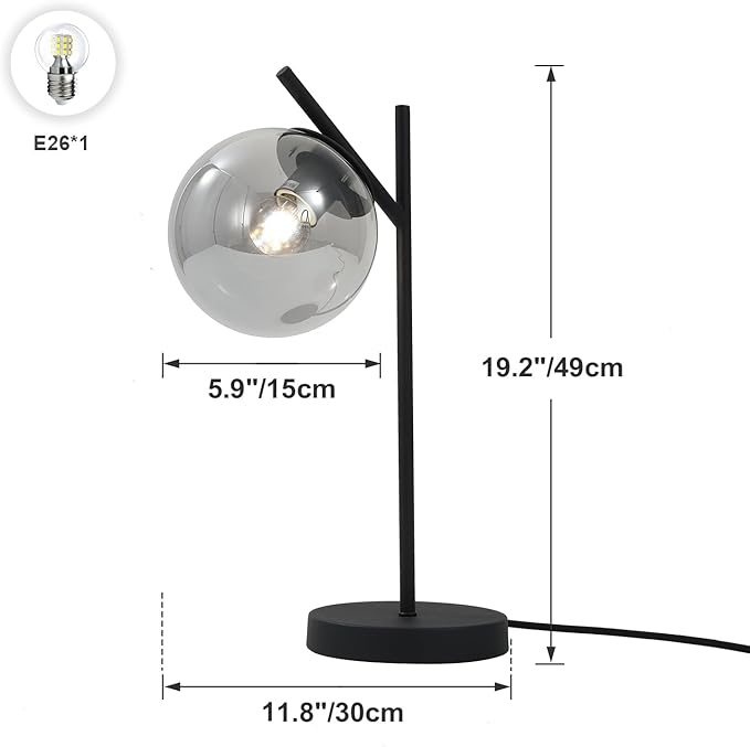 Black Table Lamp Vintage Metal Desk Lamp Modern Smoke Gray Glass Globe - Image 3