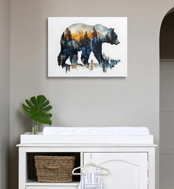 Bear Silhouette Forest Landscape Canvas Wall Art Framed Print Watercolor - Image 8