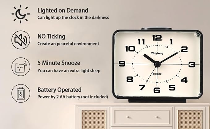Retro Analog Alarm Clock, Battery Operated, Nightstand, Lighted on Demand and - Image 4