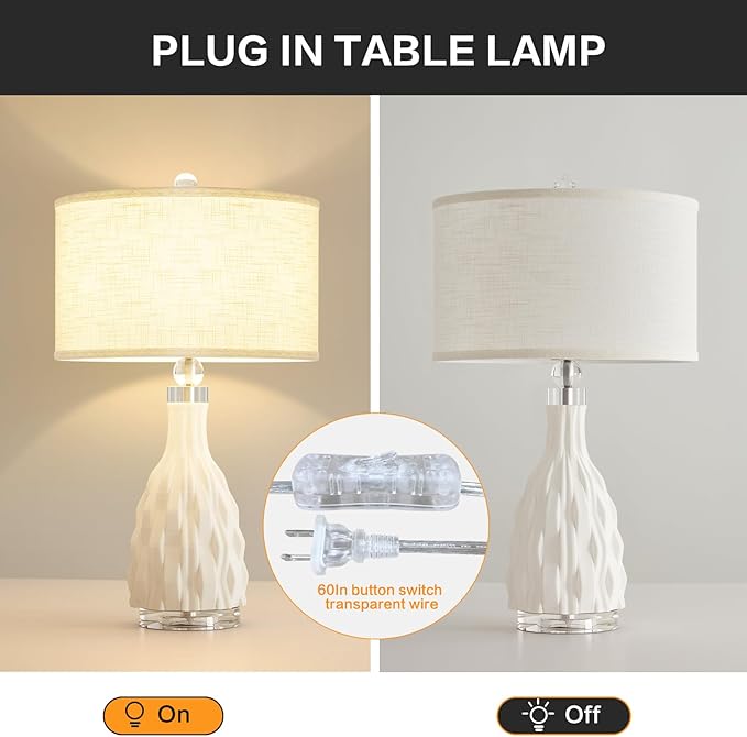 Modern White Textured Ceramic Table Lamps 22.5In, Plug in Table Lamp Decor - Image 6