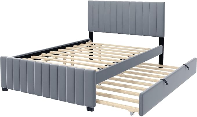 Full Bed Frame with Trundle Bed, Velvet Upholstered Platform Bed Frame - Image 4