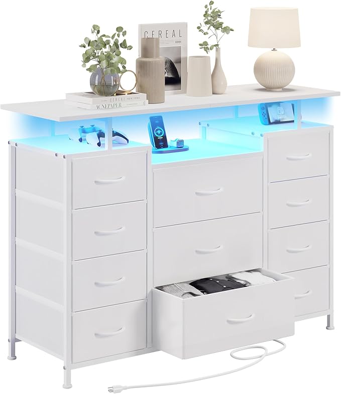 LUMTOK 11 Drawers Dresser with Fabric Drawers, Charging Station, LED Lights and by LUMTOK