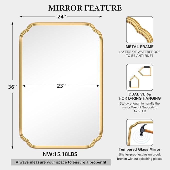 Gold Bathroom Vanity Mirror for Wall 24" x 36" Modern Rounded Rectangle Mirror - Image 4