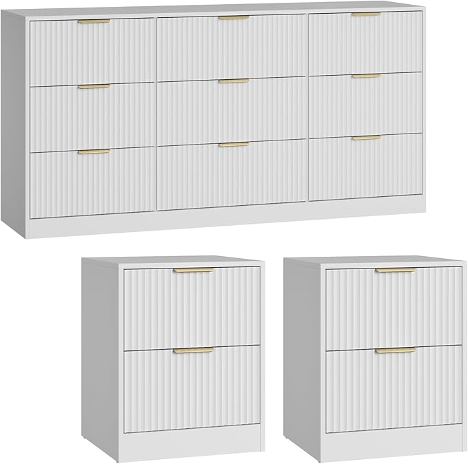 9 Drawer Dresser & Nightstand Set 3-Piece, 63” Wide White Fluted Dresser and - Image 8