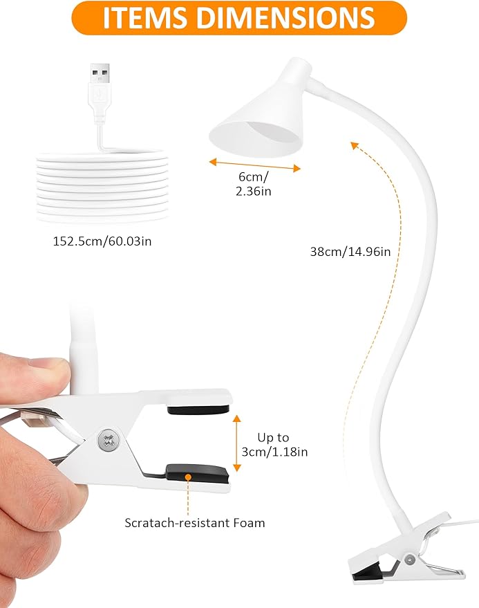 Desk Lamp Clip on Light USB Reading Light 3 Color Modes 10 Dimmable Brightness - Image 5