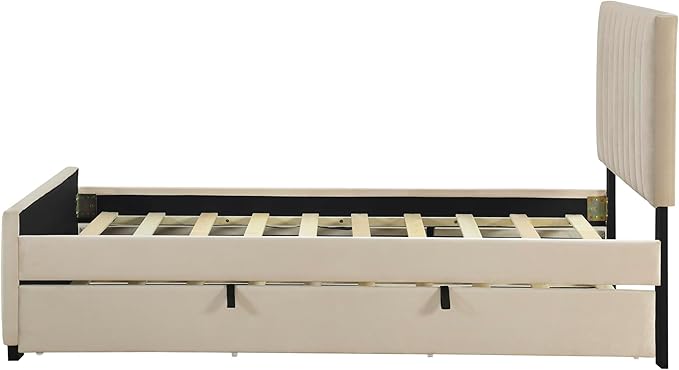 Twin Size Bed Frame with Trundle Bed, Velvet Upholstered Bed Frame, Twin Size - Image 7