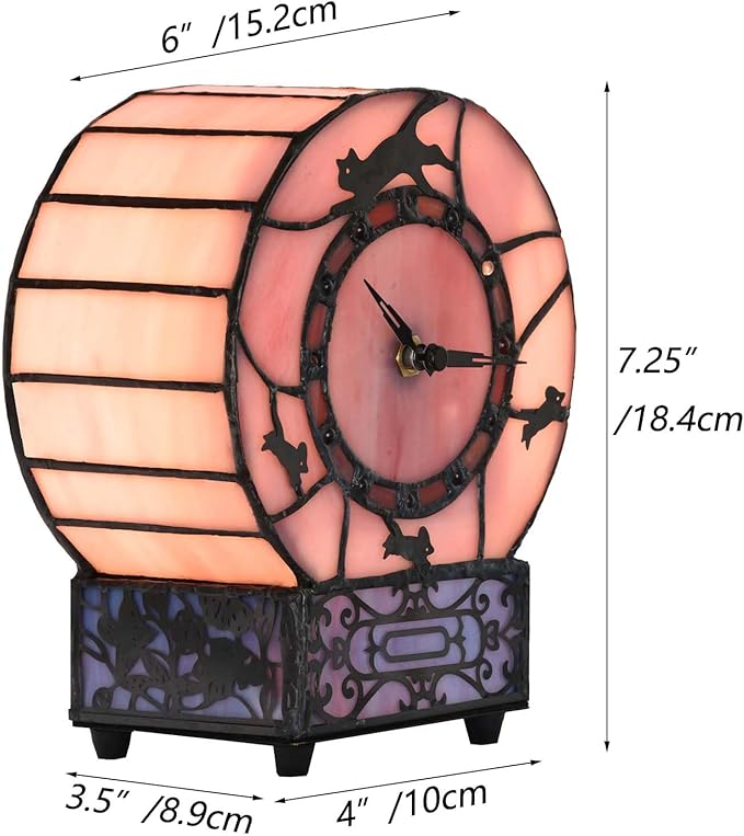 Bieye L10911 Cat and Mouse Tiffany Style Stained Glass Desk Clock Table Lamp - Image 6