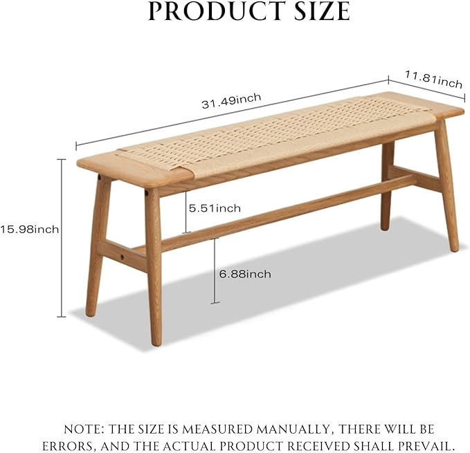 31.5'' Woven Dining Beach with 100% Solid Oak Wood Bench Frame, Hand Knitted - Image 3