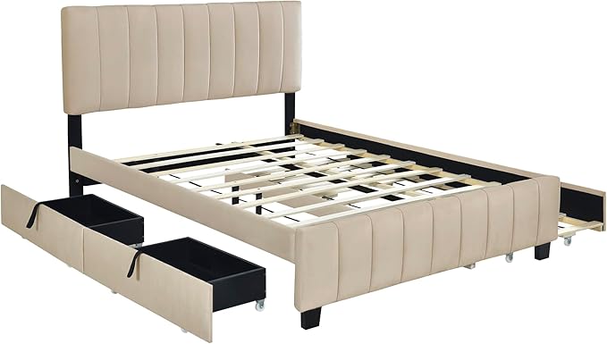 Queen Bed Frame with Trundle Bed, Velvet Upholstered Platform Bed Frame with - Image 4