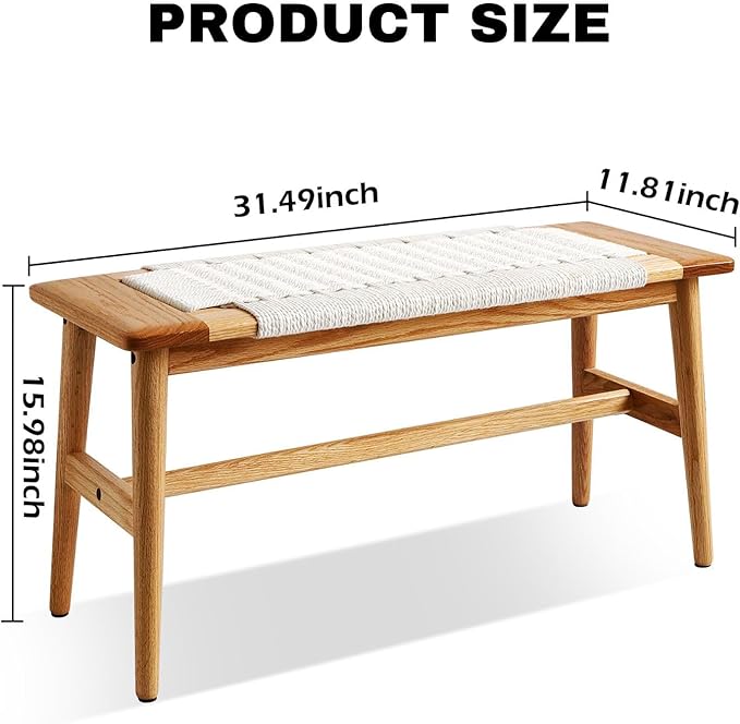 31.5'' Woven Dining Beach with 100% Solid Oak Wood Bench Frame, Hand Knitted - Image 2