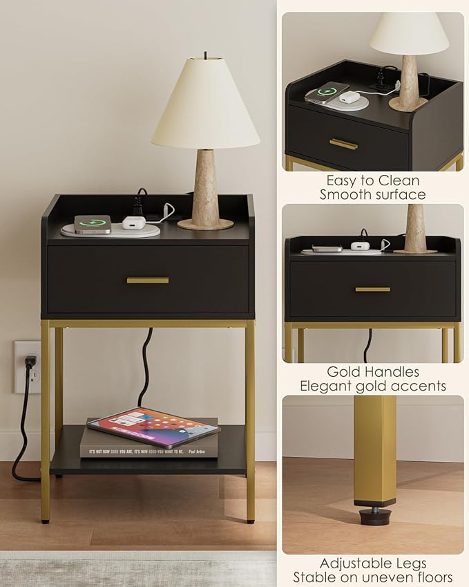 Masupu Nightstand with Charging Station, 3-Tier Modern Bedside Night Stand with - Image 5