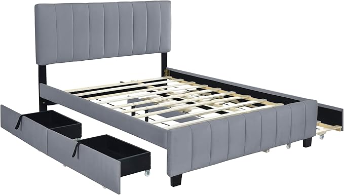 Queen Bed Frame with Trundle Bed, Velvet Upholstered Platform Bed Frame with - Image 5