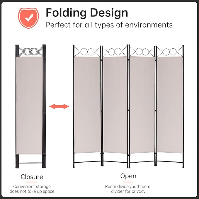 4 Panel Room Divider 6FT Steel Frame Screen Folding Privacy Divider - Image 2