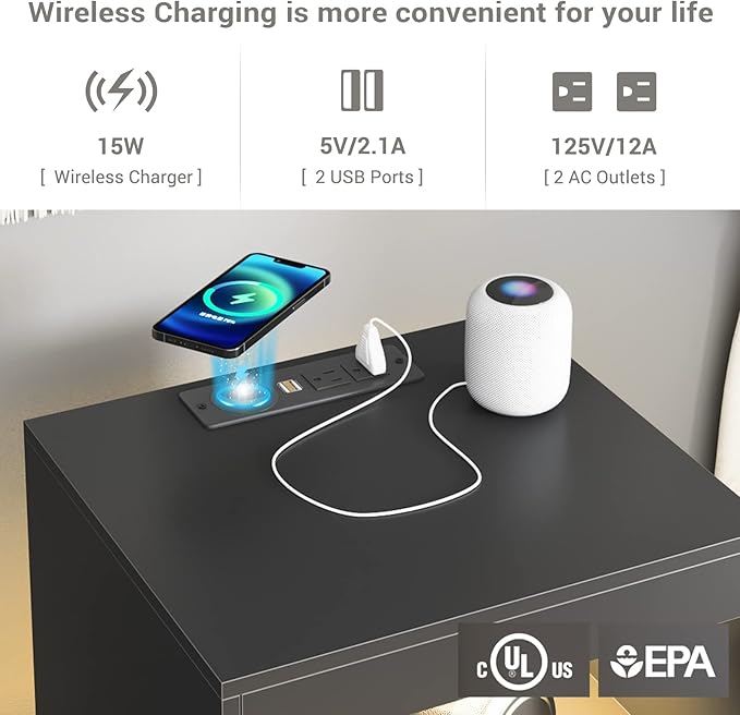 Tiptiper Black Nightstand with Wireless Charging Station and LED Lights - Image 4