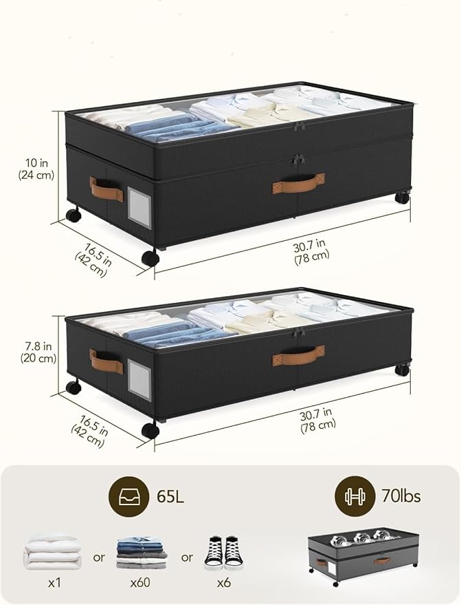Under Bed Storage with Wheels, 72L XXL Under the Bed Storage Containers Large - Image 2