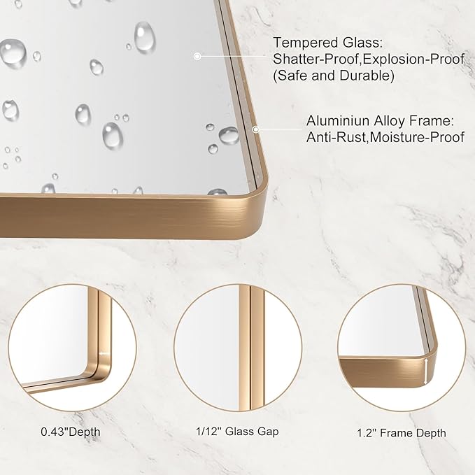LOAAO 28”X36” Gold Bathroom Mirror, Rounded Rectangle Gold Frame Mirror - Image 5