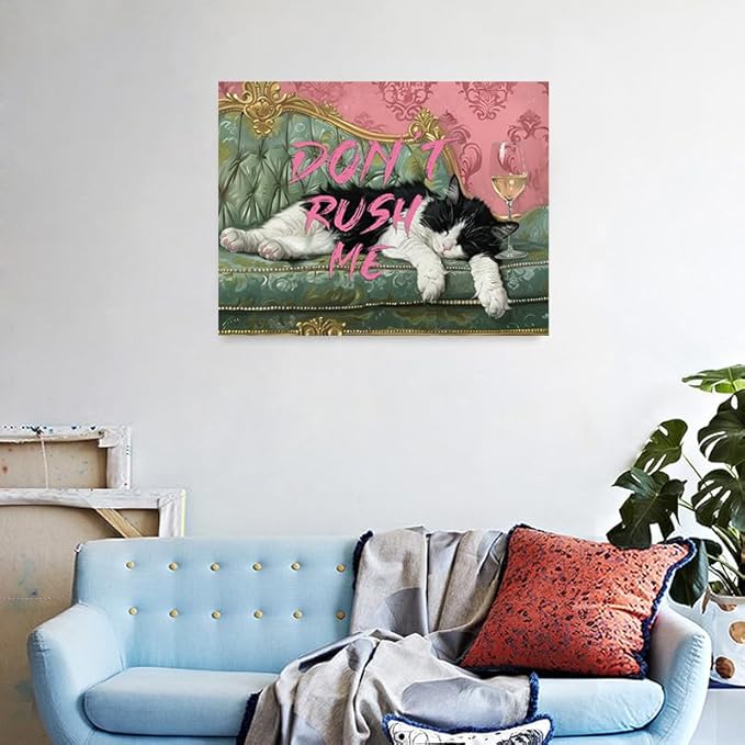 Pveror Funny Cat Wall Art Canvas Dont Rush Me Sleeping Black White Cat Painting - Image 3