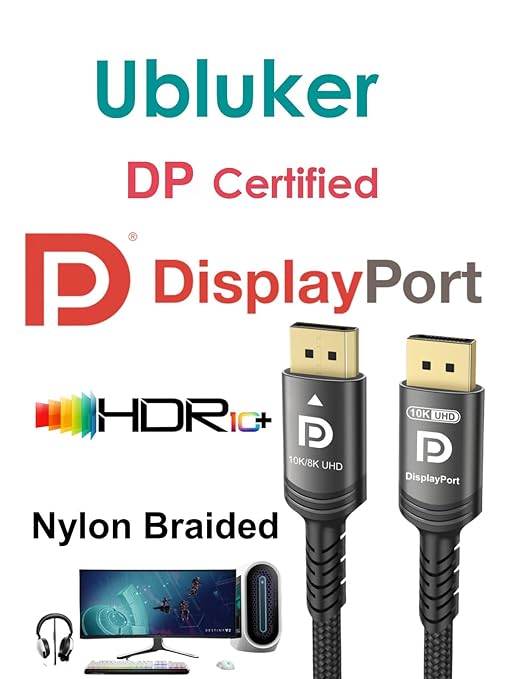 Ubluker 10K 8K DisplayPort 2.1 Cable 54Gbps 25 FT, Certified DP to DP Cord 4K - Image 2