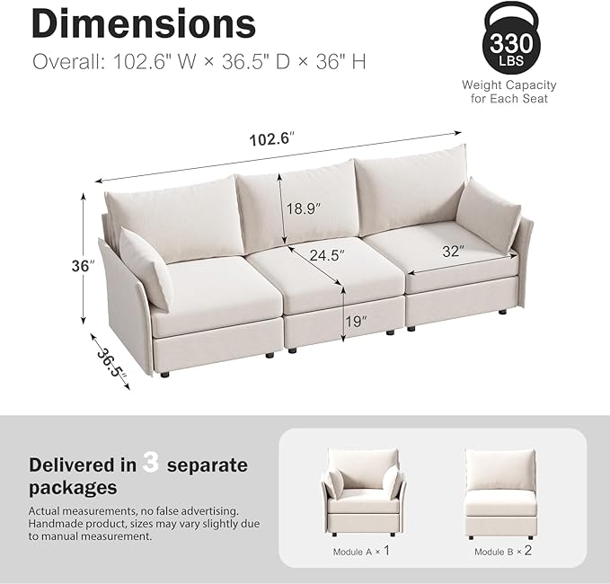 ABCASA 102.6" Modular Sectional Sofa, Oversized 3-Seater White Couch - Image 2