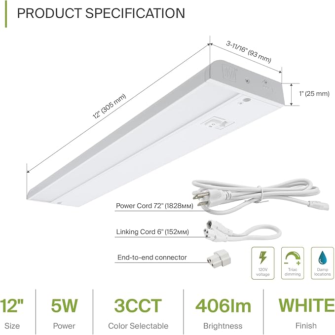 ASD 12 Inch LED Under Cabinet Lighting Plug in or Hardwired, High/Low/Off Switch - Image 2