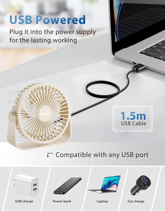 TriPole USB Desk Fan Portable Mini Fan Powerful 3 Speeds Wind Personal Desktop - Image 3